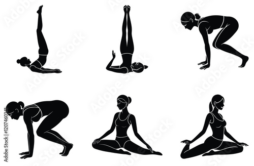 Relaxing yoga routine silhouette on white background