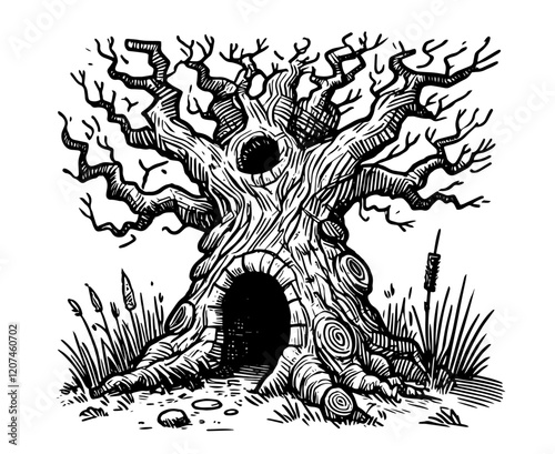 spooky hollow tree with twisted branches vector illustration