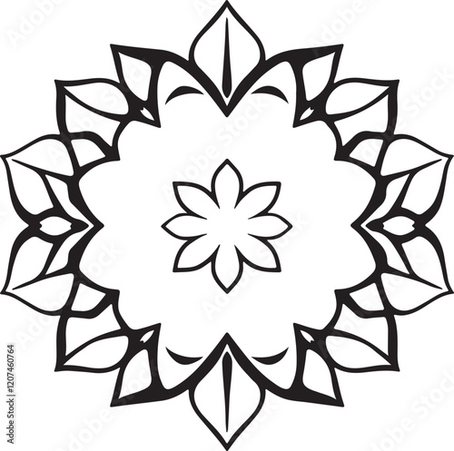 Geometric flower frame logo in black and white.  Timeless and elegant design on a white background. Focus on symmetry, balance and visual clarity