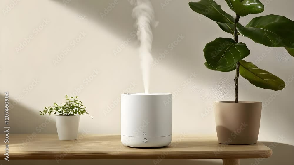 A modern white diffuser releases steam on a wooden table beside a small potted plant and a larger leafy green plant, creating a calm and serene atmosphere