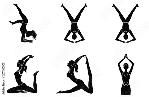 Harmonious yoga stretch silhouette on white background