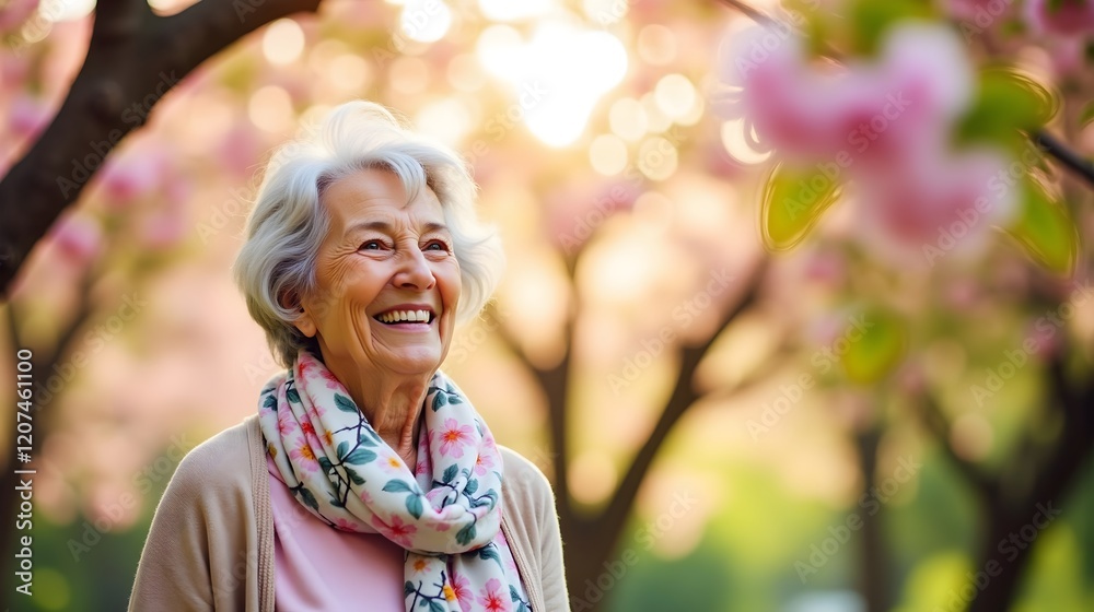 Joyful Elderly Woman Surrounded by Blooming Pink Flowers in Springtime (Aging, Travel) Joyful Elderly Woman Surrounded by Blooming Pink Flowers in Springtime (Aging, Travel)