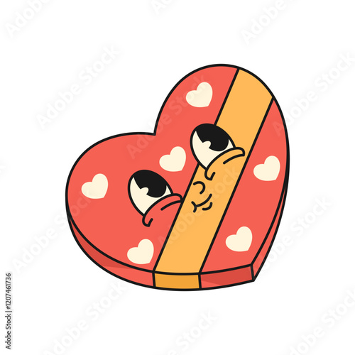 Heart gift with face expression. Retro icon of Valentines day or romantic holiday present with ribbon. Love and affection, romance surprise. Wrapping for relationship or flirt gift. Holiday, festive.