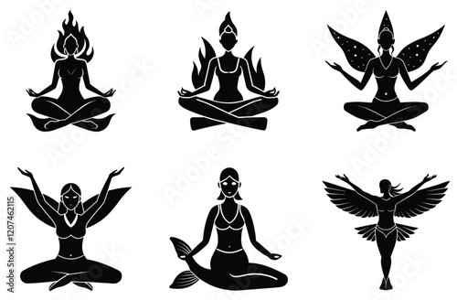 Serene yoga form silhouette on white background