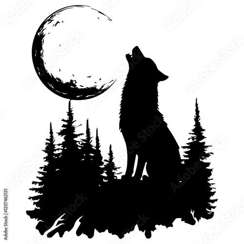 Mysterious Wolf Howling Silhouette Vector on a White Background