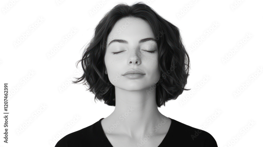 A serene woman with closed eyes, conveying a sense of calm and tranquility. Ideal for themes of mindfulness and self-care. A serene woman with closed eyes, conveying a sense of calm and tranquility. Ideal for themes of mindfulness and self-care.