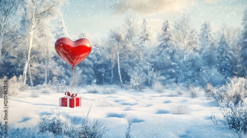 A quiet winter woodland glows with soft sunlight, a lone heart-shaped balloon tied to a box nestled in the snow, symbolizing love in the stillness of nature.
 photo