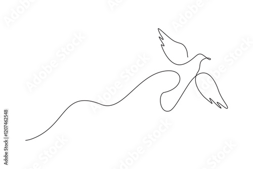 Flying birds in one continuous line drawing. The flying dove is a symbol of peace. Isolated on white background. Scribble vector
