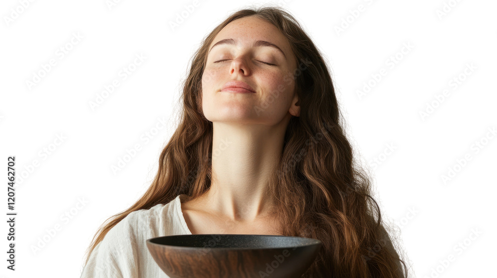 A serene woman with long hair enjoys a moment of mindfulness, holding a wooden bowl close to her heart, radiating peace and tranquility. A serene woman with long hair enjoys a moment of mindfulness, holding a wooden bowl close to her heart, radiating peace and tranquility.