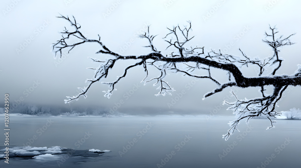 A bare tree branch extends over a tranquil, icy lake under a foggy sky, creating a serene winter landscape A bare tree branch extends over a tranquil, icy lake under a foggy sky, creating a serene winter landscape