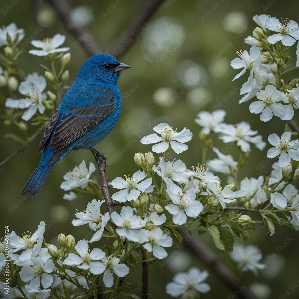 Fototapeta premium A shimmering indigo bunting perched on a branch draped in white flowers.