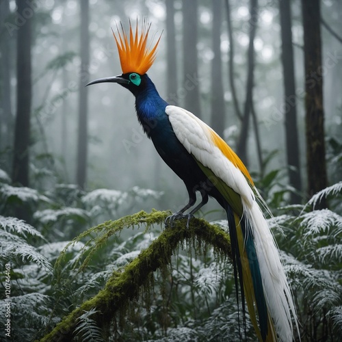 A resplendent bird of paradise with long tail feathers in a white, ethereal forest. photo