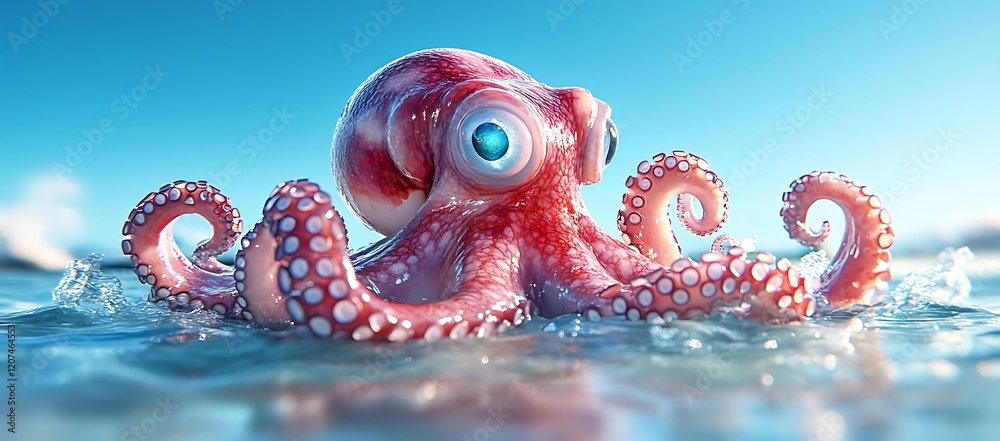 Naklejka premium Playful Red Octopus Emerging from Ocean Water