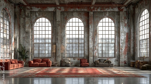 Spacious loft interior with tall windows and red sofas featuring a large oriental rug on floor