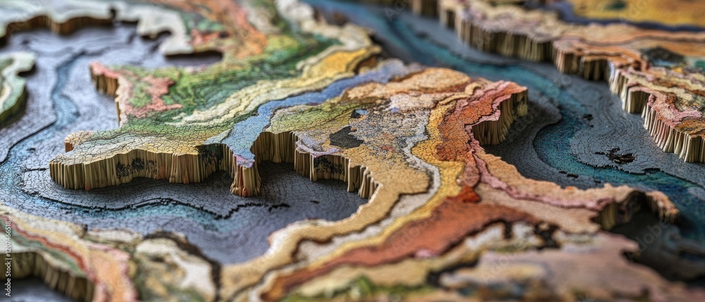 Fototapeta premium A close-up of a detailed, hand-crafted, paper-based topographic map of a landmass with mountains, valleys, and a river system.