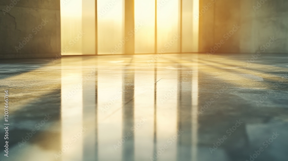Sunlit Interior Space with Reflections on Polished Concrete Floor Sunlit Interior Space with Reflections on Polished Concrete Floor