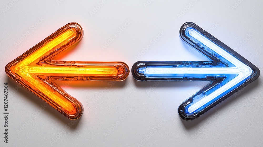 Two Glowing Arrows Pointing Toward Each Other in Vibrant Colors on a Light Background
