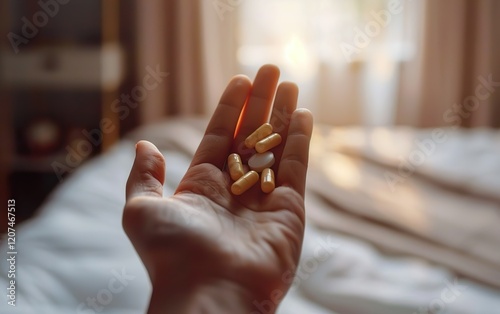 Closeup of hand holding yellow and white pill. Copy space, bokeh, defocused background. Sustainable health pragmatism concept. Sensible practicality, balanced wellness, pragmatic maintenance