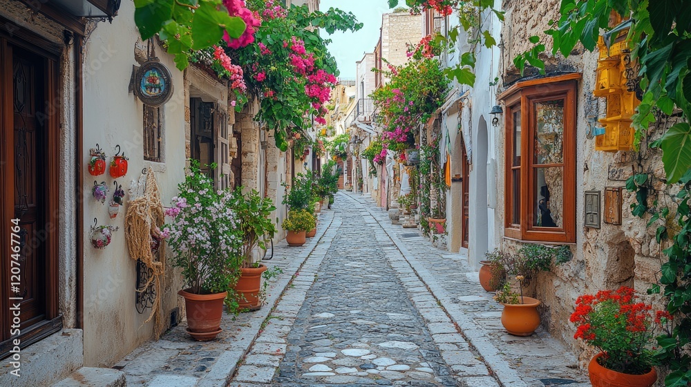 Fototapeta premium Cobblestone street, floral alley, Turkish town, summer tourism