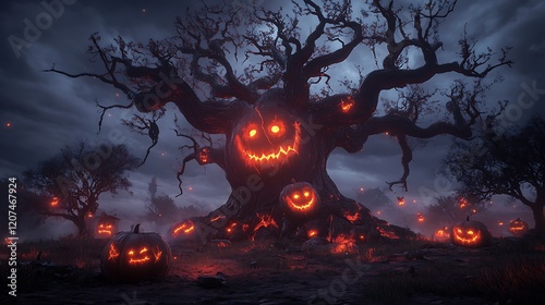 Glowing Jack-o'-lantern Tree and Pumpkins in a Dark Halloween Scene photo