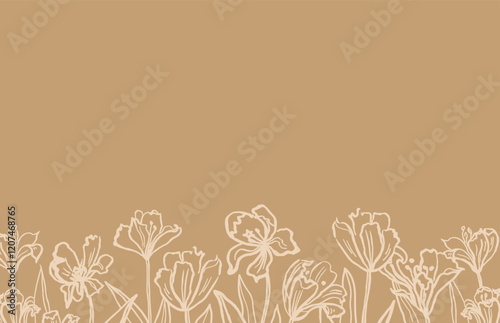 Hand drawn banner with field of blooms flowers for text. Vector illustration with sketch of tulips glade. Floral romantic border with line silhouettes of florets in trends colour for card, media