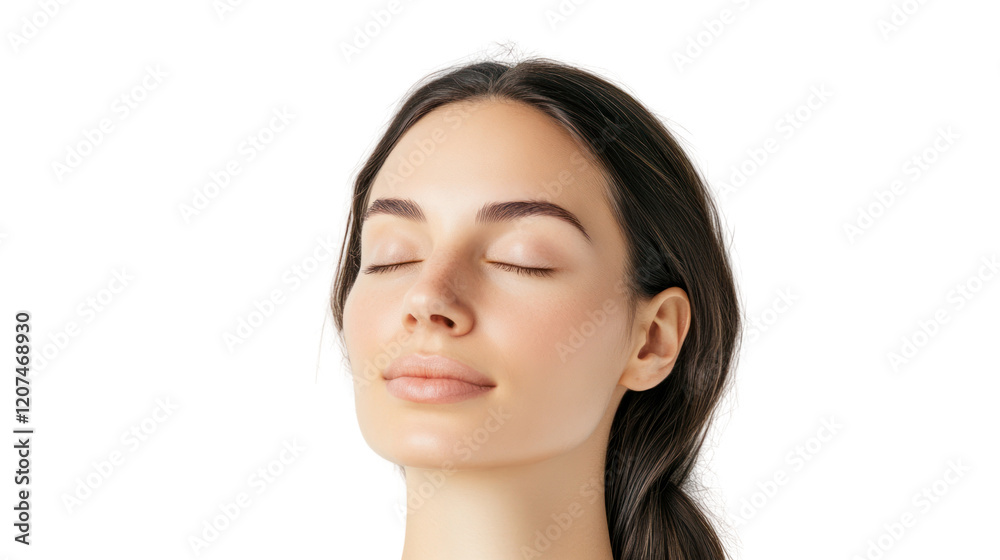 A tranquil portrait of a young woman with closed eyes, conveying relaxation and serenity against a white isolated background. A tranquil portrait of a young woman with closed eyes, conveying relaxation and serenity against a white isolated background.
