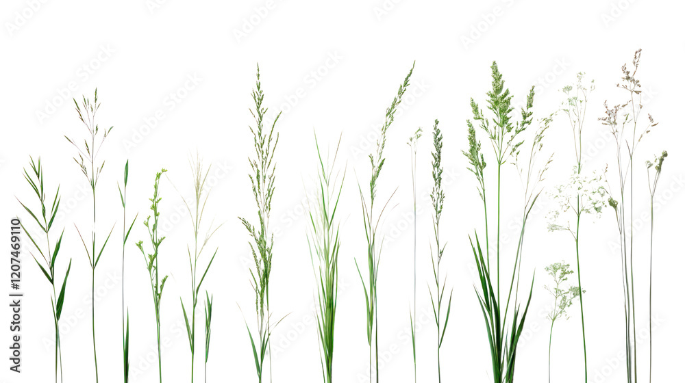 A variety of delicate green and white grass blades, featuring diverse heights and textures, isolated on a white background for clear visibility.
