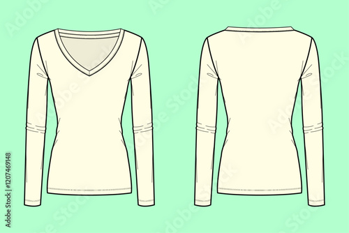 Women V neck long sleeve t-shirt outline flat sketch, CAD, Template, Fashion Illustration. 
