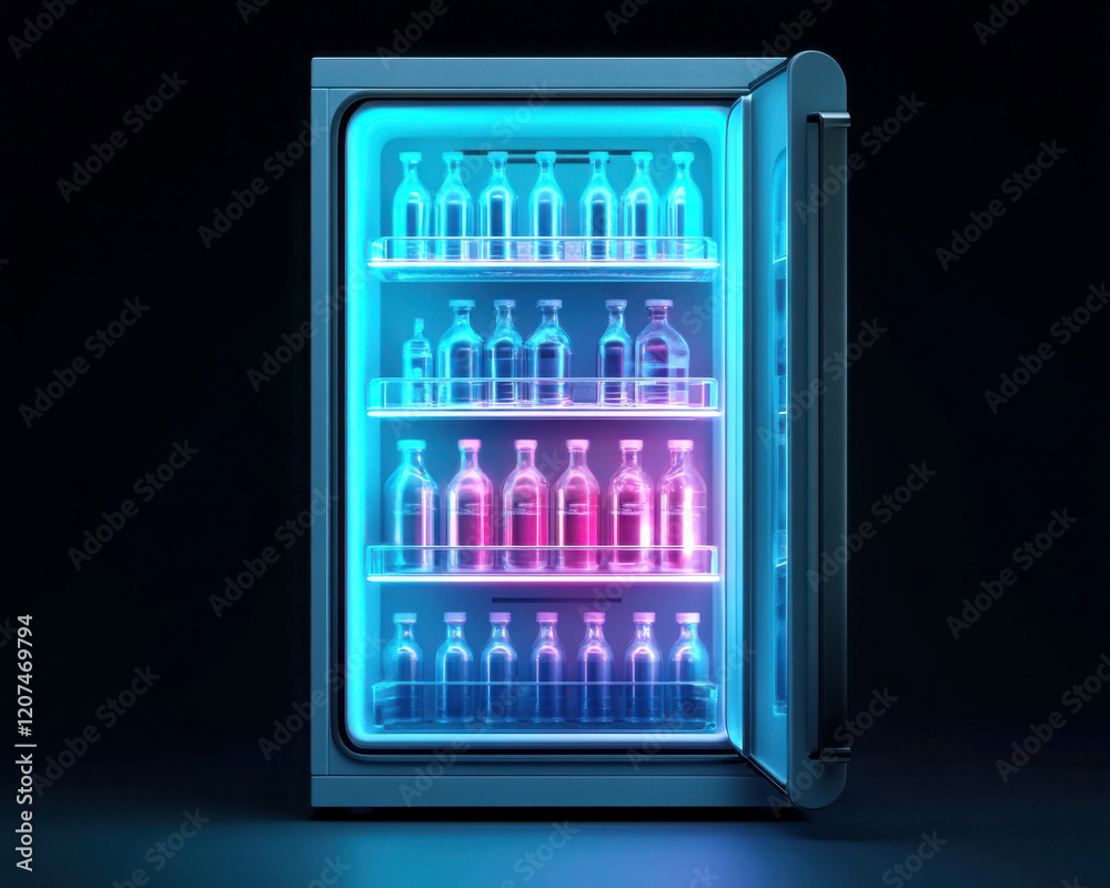 Colorful fridge filled with various bottles and beverages. Colorful fridge filled with various bottles and beverages.