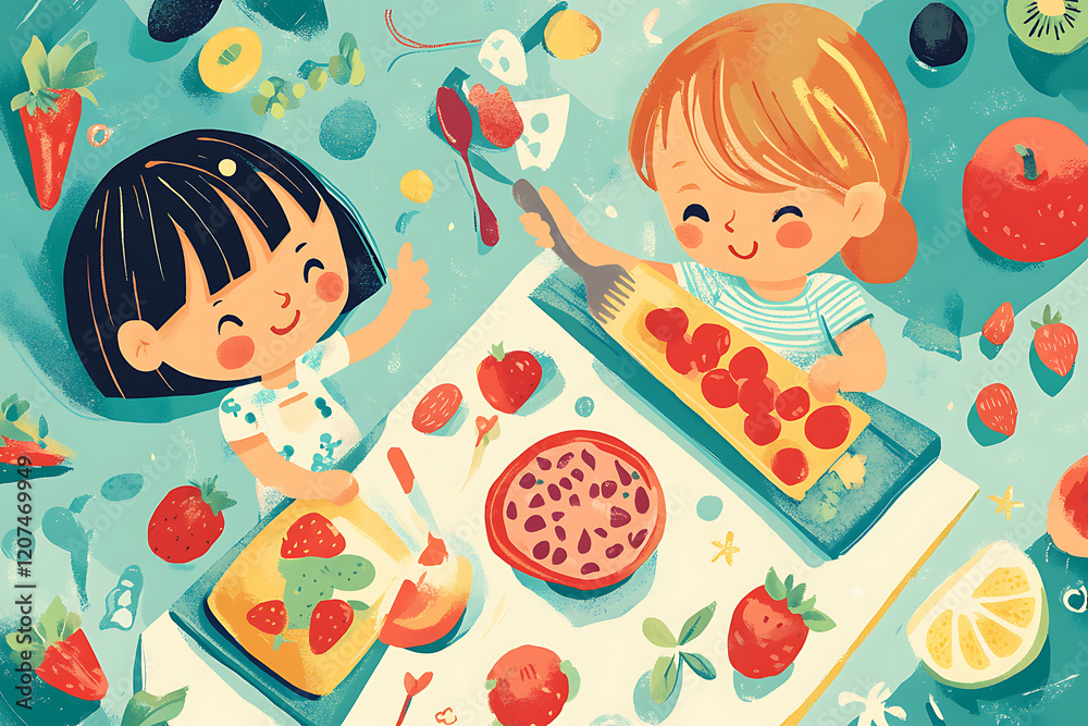Two children joyfully preparing colorful fruit dishes on a sunny day, surrounded by fresh ingredients Two children joyfully preparing colorful fruit dishes on a sunny day, surrounded by fresh ingredients