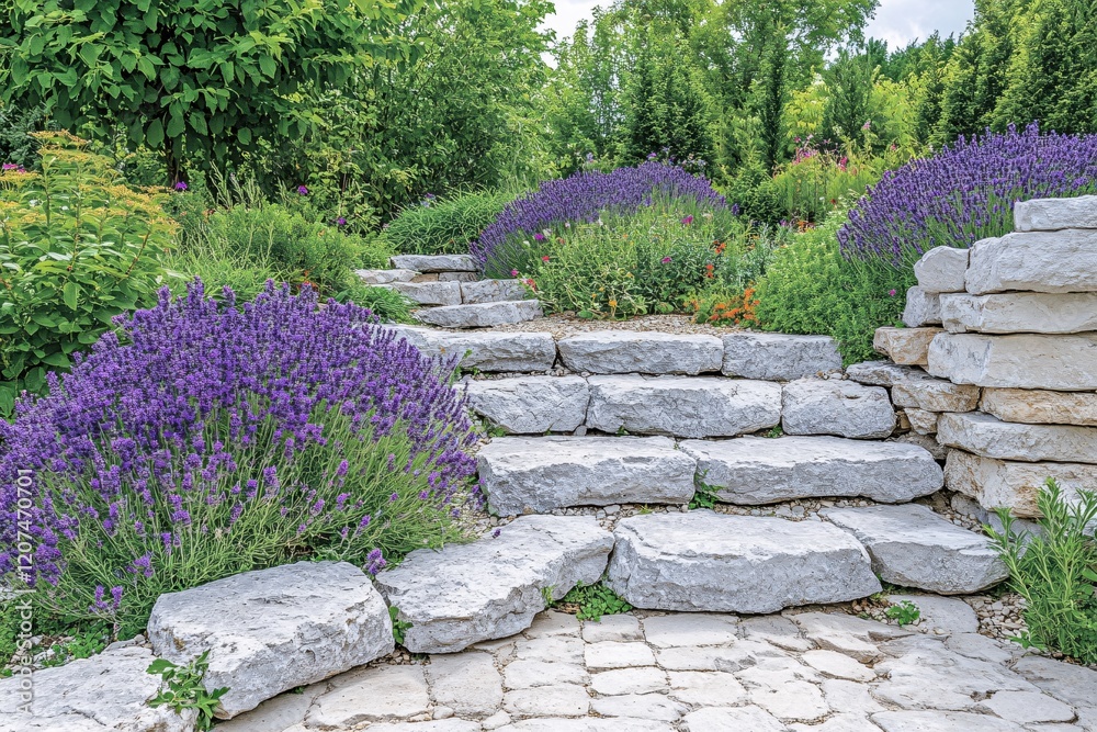 Fototapeta premium Lavender Garden Stone Steps Peaceful Summer Landscape