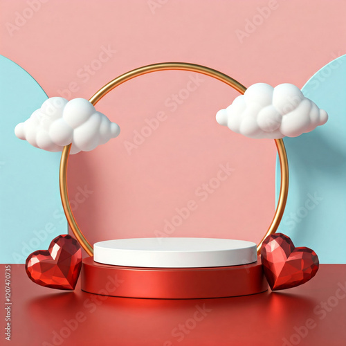 mini podium 3d product display with gold hearts and rings and clouds