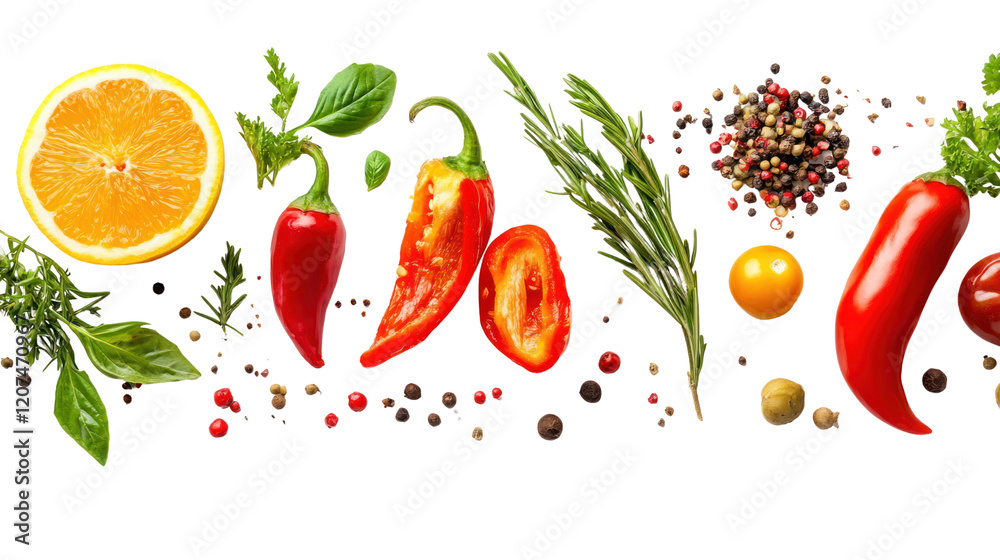 A vibrant assortment of fresh spices, herbs, and citrus arranged on a white background, showcasing natural color and texture. A vibrant assortment of fresh spices, herbs, and citrus arranged on a white background, showcasing natural color and texture.
