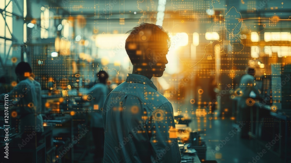 Silhouette of a worker integrated with a glowing network represents logistics, technology, and connectivity, showcasing digital infrastructure and innovation in logistics systems in a 3D illustration Silhouette of a worker integrated with a glowing network represents logistics, technology, and connectivity, showcasing digital infrastructure and innovation in logistics systems in a 3D illustration