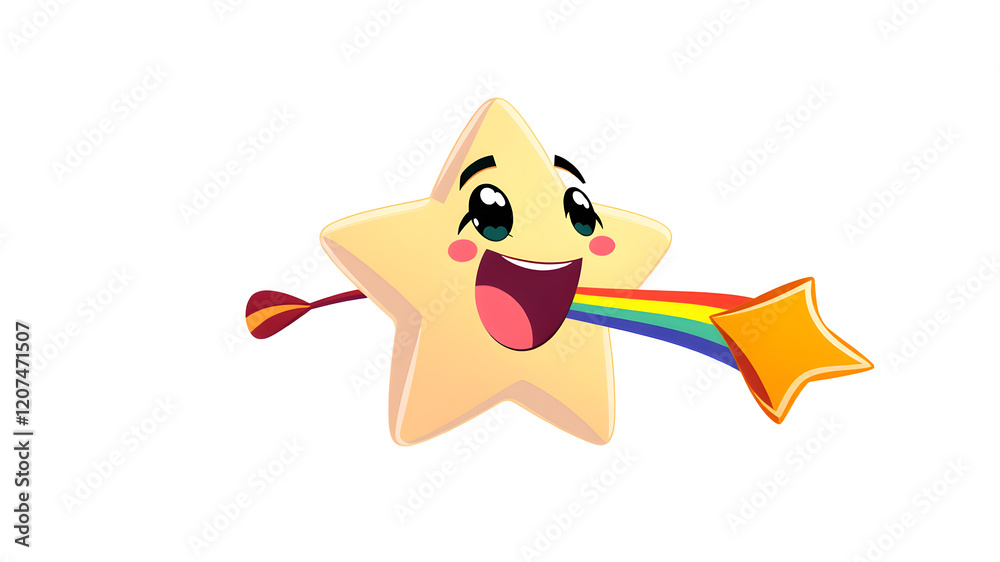 Fototapeta premium Cute cartoon shooting star with rainbow tail 3d vector icon isolated on white background. Generative AI