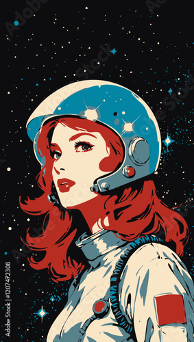 the girl in a astronout hat, astraonut girl vector illustration, red head woman illustration portrait