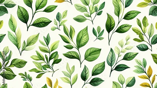 Wallpaper Mural Watercolor leaves pattern on white background with green and yellow foliage in artistic style Torontodigital.ca