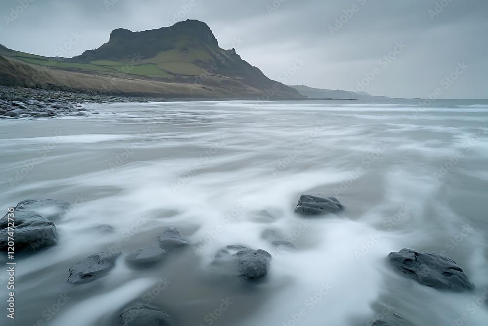 Fototapeta premium Coastal Serenity: Misty Waves Kissing the Shore
