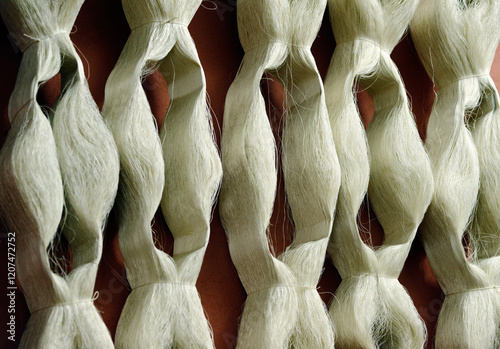 Obraz na płótnie Hanks skeins of silk thread fibre yarn used in manufacture of quality Turkish carpet. Cankurtaran Carpet Centre, Denizli, Turkey w salonie