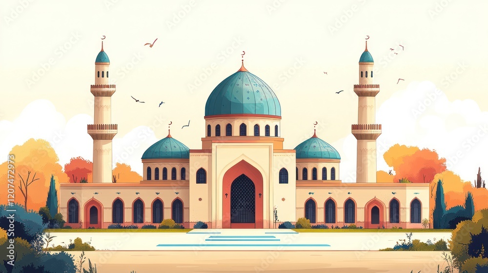 Obraz premium Grand mosque, teal domes, autumnal setting.