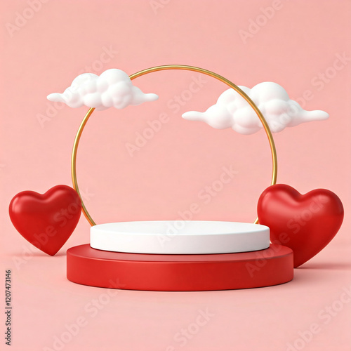 mini podium 3d product display with gold hearts and rings and clouds