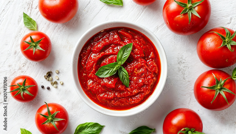 tomato ketchup in a small round plate on a white table near fresh red tomatoes tomato ketchup in a small round plate on a white table near fresh red tomatoes