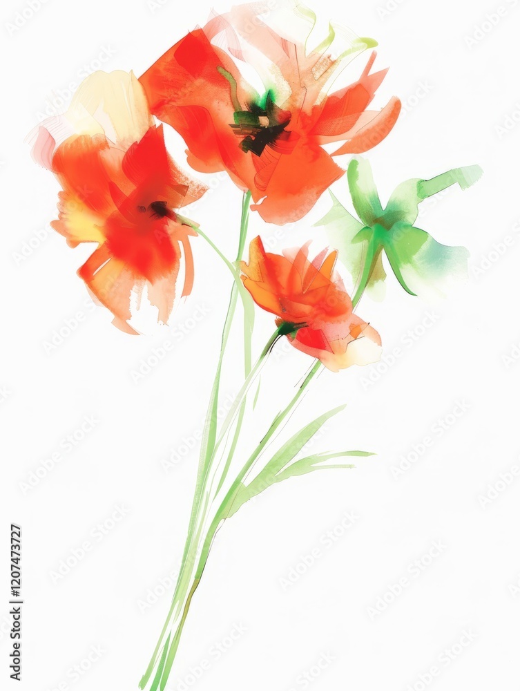 Watercolor painting featuring vibrant red poppies with green stems Watercolor painting featuring vibrant red poppies with green stems