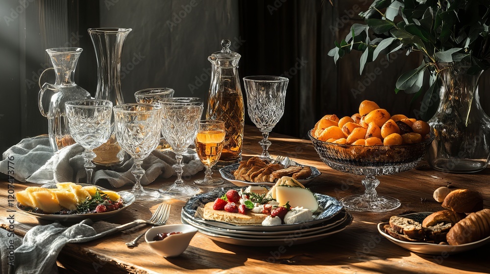 A nicely set table with delicious snacks and fancy glasses. A nicely set table with delicious snacks and fancy glasses.