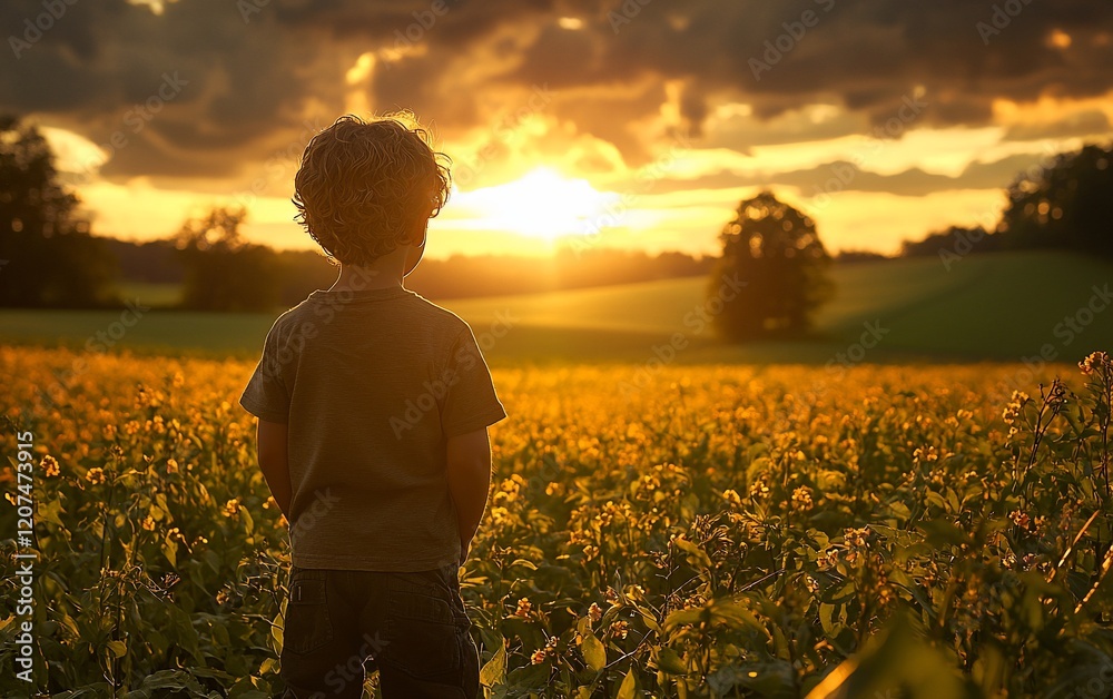 Fototapeta premium Boy watching sunset in a field of flowers.