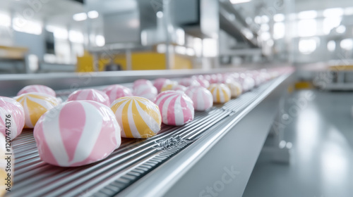 Sweet factory, Brightly wrapped items on conveyor belts, showcasing high fidelity and detailed design in a dynamic setting. Perfect for commercial use. photo