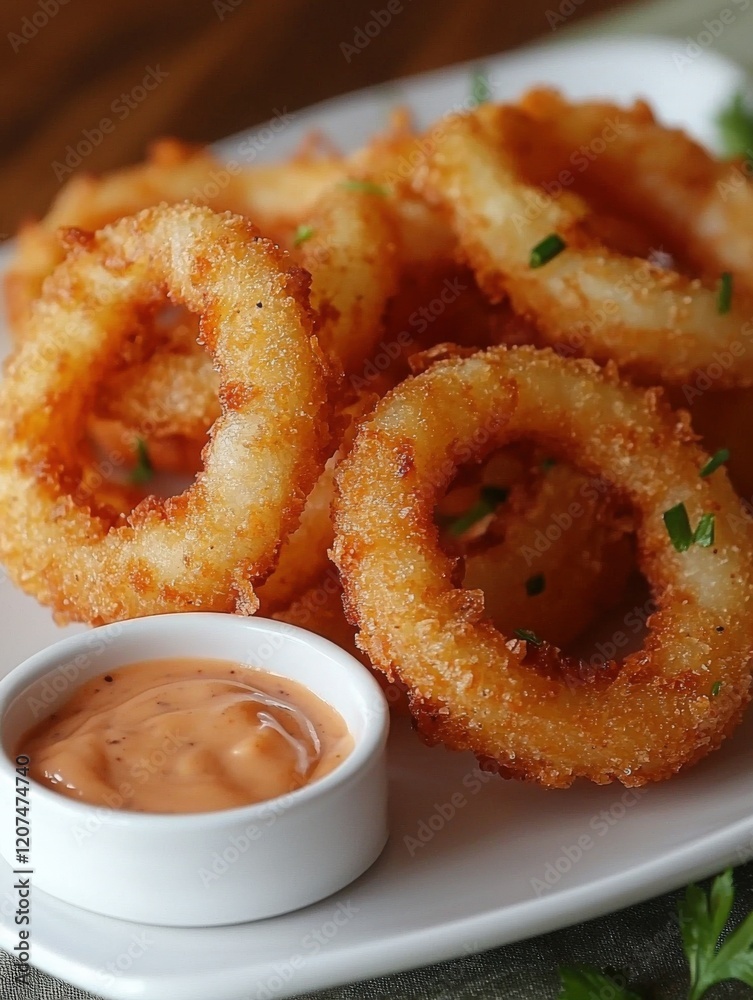 Golden fried onion rings with dipping sauce, presented on a plate, food photography, Generated AI Golden fried onion rings with dipping sauce, presented on a plate, food photography, Generated AI
