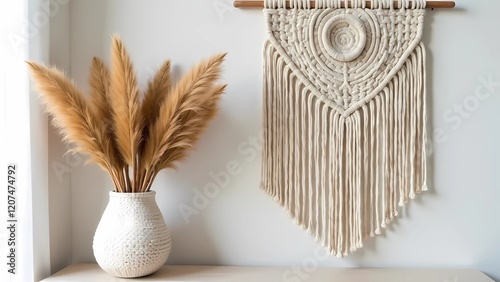 Macramé wall hanging with pampas grass in a wicker vase. Boho style photo