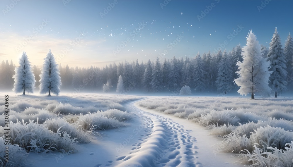 Obraz premium Snow Covered Forest In winter , A Serene Winter Landscape, Winter Wonderland With Snow Falling, 