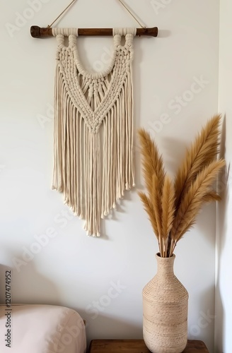 Macramé wall hanging with pampas grass in a wicker vase. Boho style photo